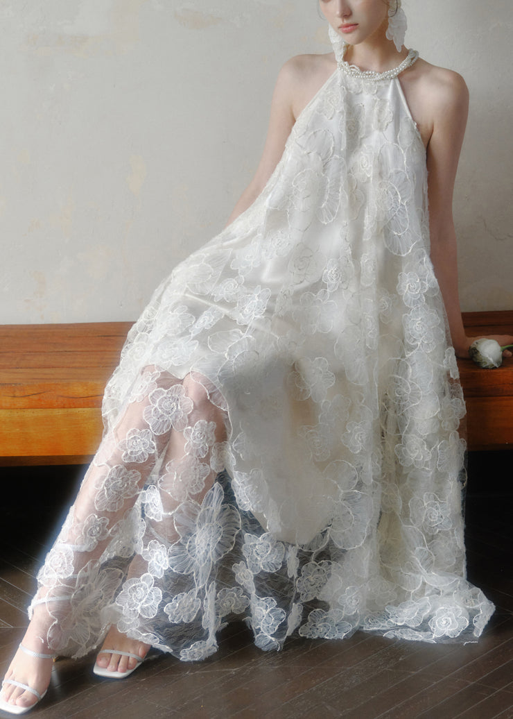 Art White Asymmetrical Pearl Lace Long Dress Sleeveless