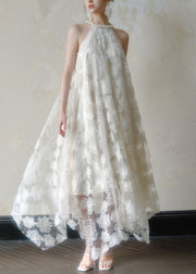 Art White Asymmetrical Pearl Lace Long Dress Sleeveless
