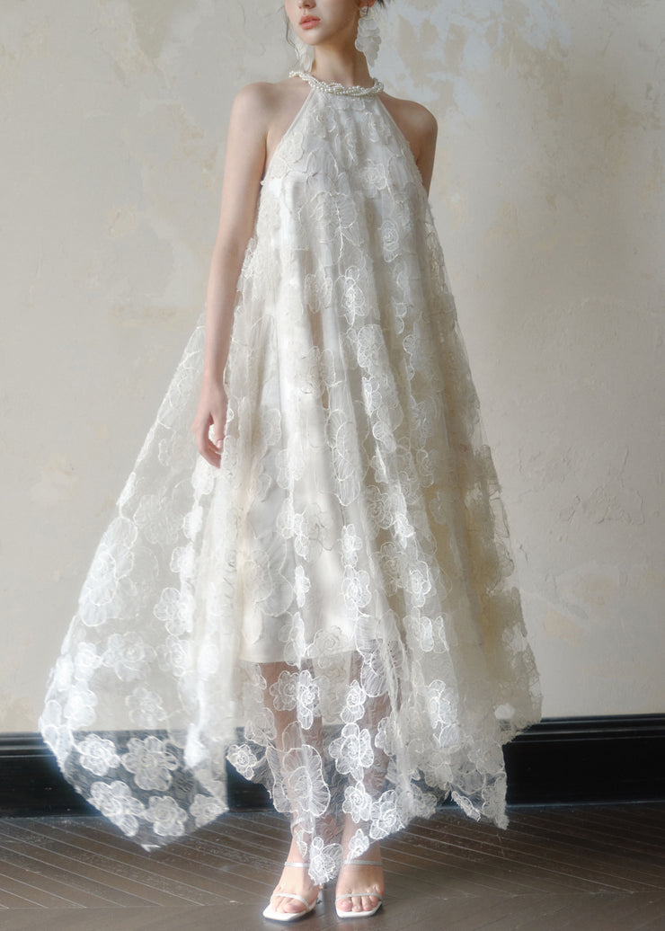 Art White Asymmetrical Pearl Lace Long Dress Sleeveless