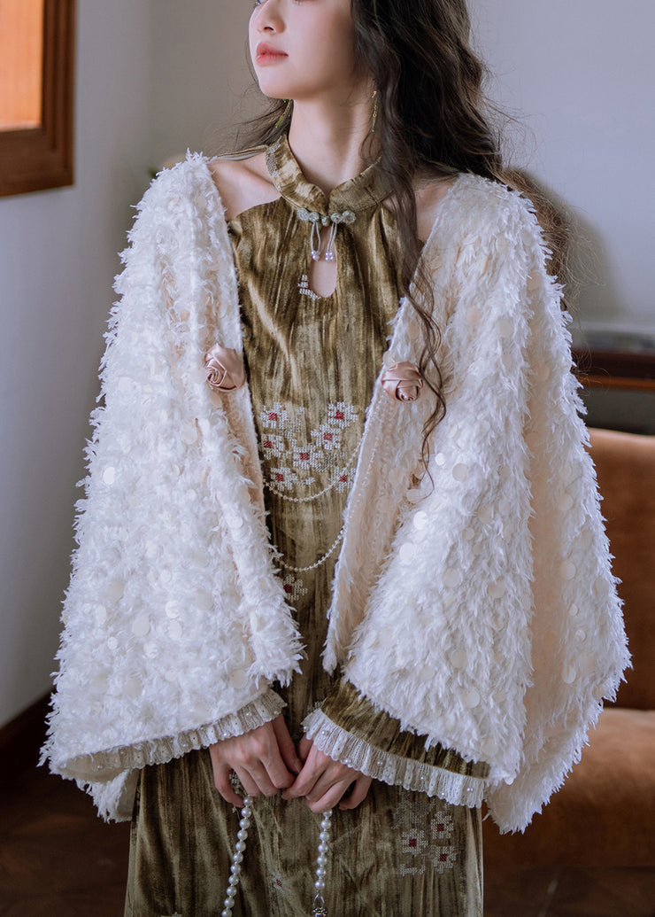 Art White Bow Sequins Teddy Faux Fur Cape Coats Batwing Sleeve
