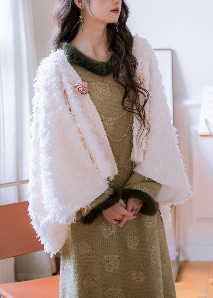 Art White Bow Sequins Teddy Faux Fur Cape Coats Batwing Sleeve