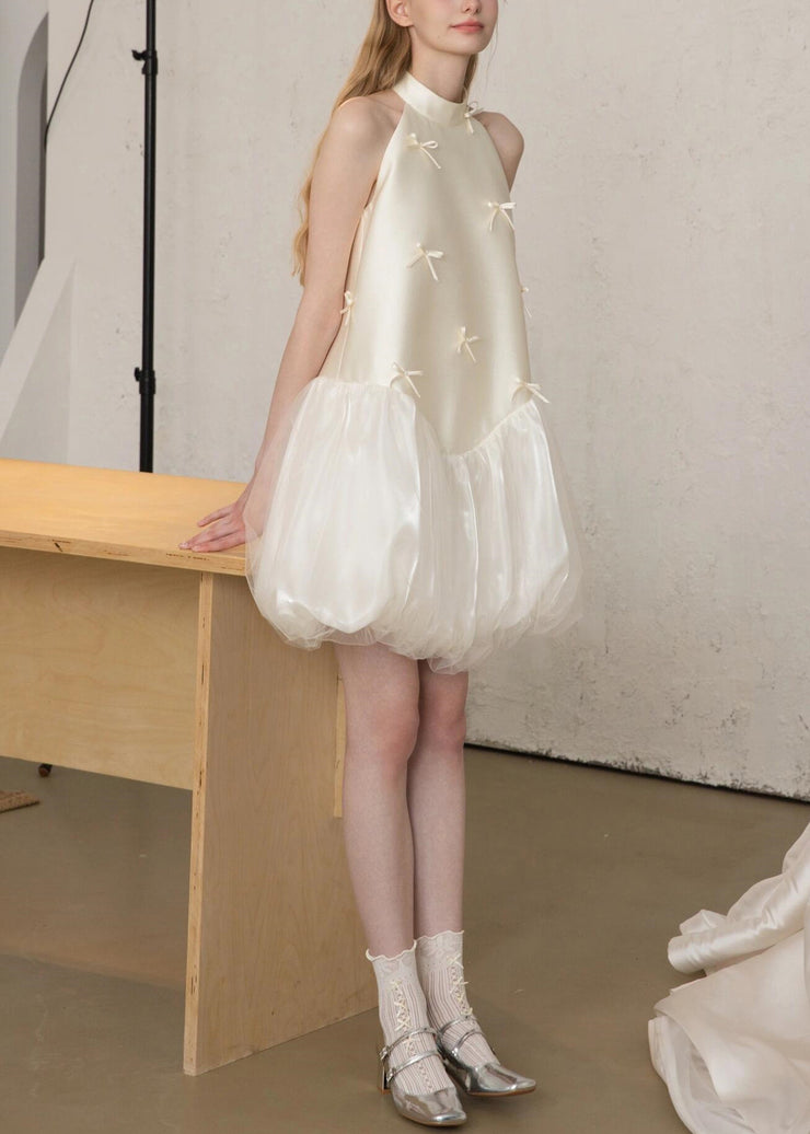 Art White Bow Tulle Patchwork Silk Party Dress Sleeveless