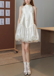 Art White Bow Tulle Patchwork Silk Party Dress Sleeveless
