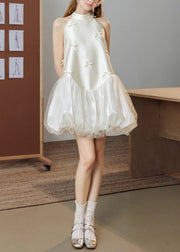 Art White Bow Tulle Patchwork Silk Party Dress Sleeveless
