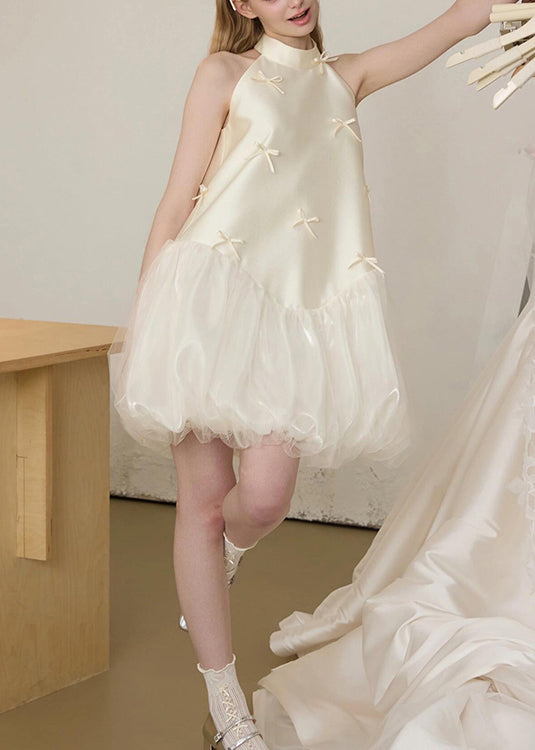Art White Bow Tulle Patchwork Silk Party Dress Sleeveless
