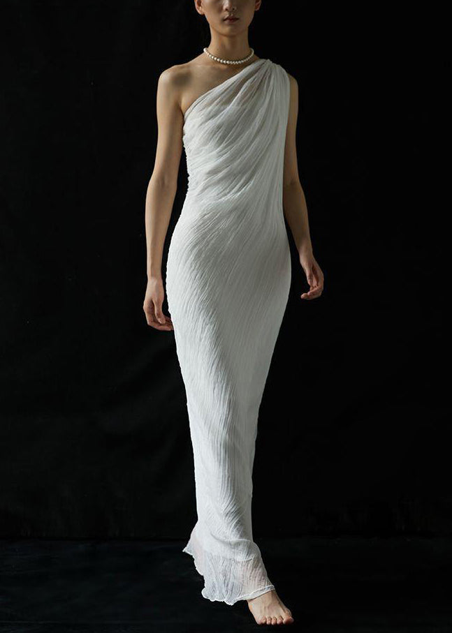 Art White Cold Shoulder Wrinkled Solid Silk Maxi Dress Summer
