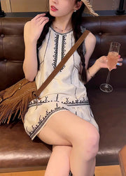 Art White Embroidered Tops And Skirts Cotton Two Pieces Set Sleeveless