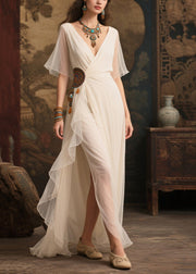 Art White Ethnic Style Tasseled Side Open Tulle Ankle Dress Summer