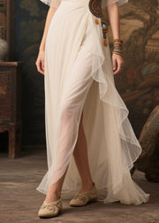 Art White Ethnic Style Tasseled Side Open Tulle Ankle Dress Summer