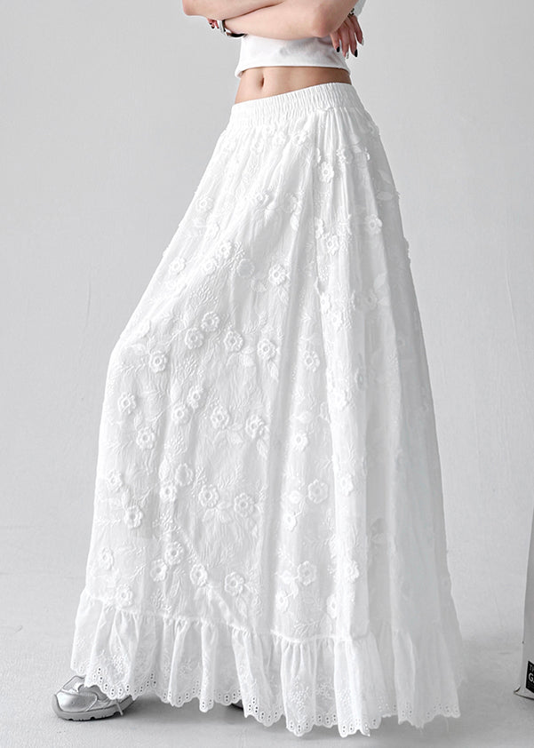 Art White Floral Hollow Out Elastic Waist Cotton Skirt Summer