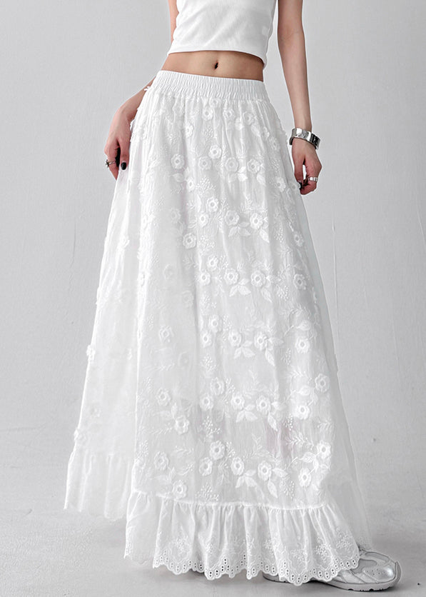 Art White Floral Hollow Out Elastic Waist Cotton Skirt Summer