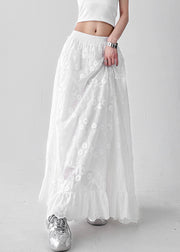 Art White Floral Hollow Out Elastic Waist Cotton Skirt Summer