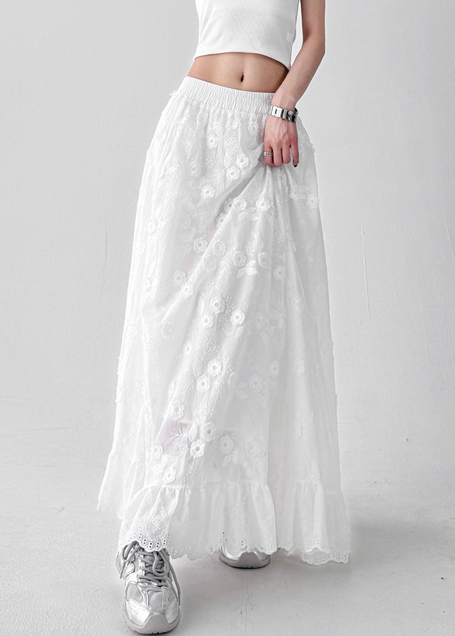 Art White Floral Hollow Out Elastic Waist Cotton Skirt Summer