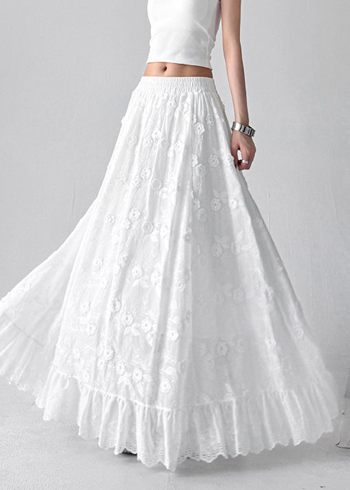 Art White Floral Hollow Out Elastic Waist Cotton Skirt Summer