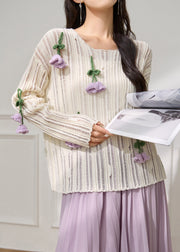 Art White Floral Hollow Out Knit Top Fall