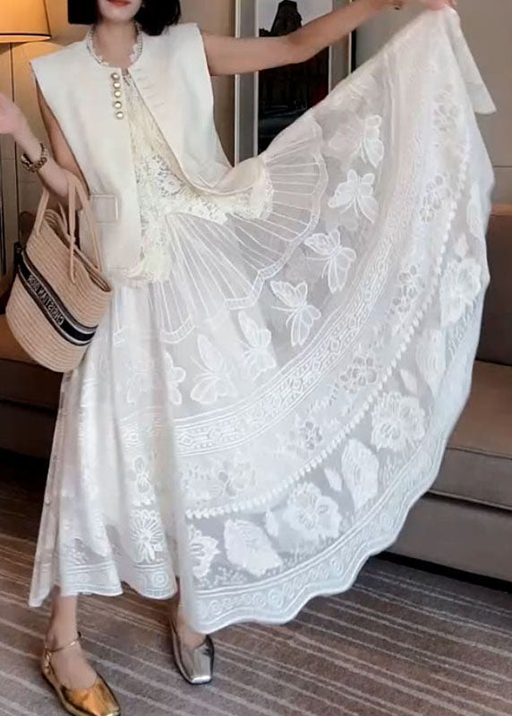 Art White Hollow Out Elastic Waist Lace Skirts Summer