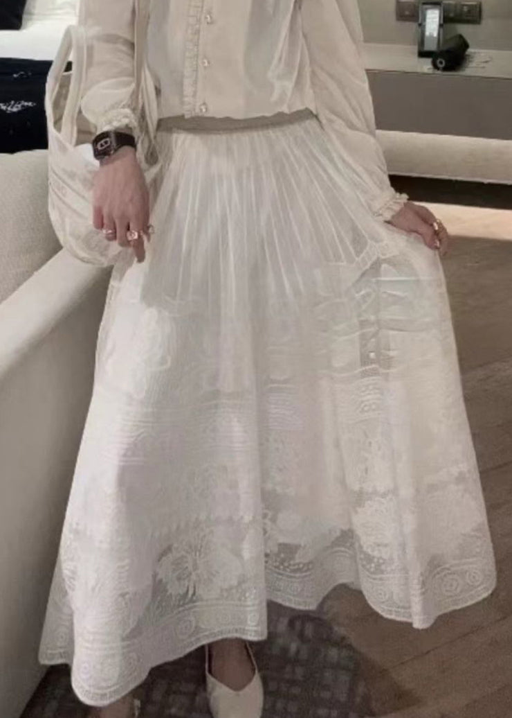 Art White Hollow Out Elastic Waist Lace Skirts Summer