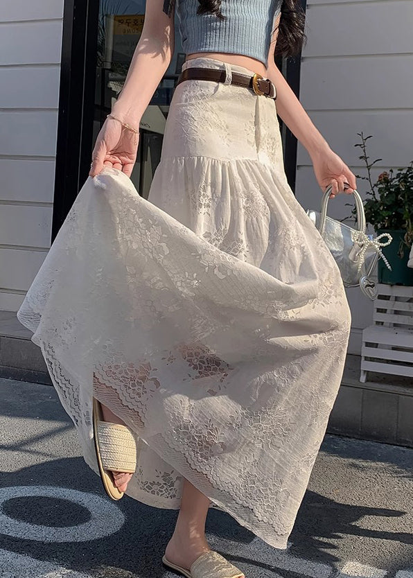 Art White Hollow Out High Waist Lace Skirt Summer
