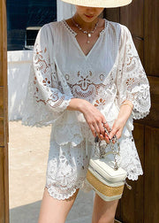 Art White Hollow Out Lace Two Piece Set Half Sleeve