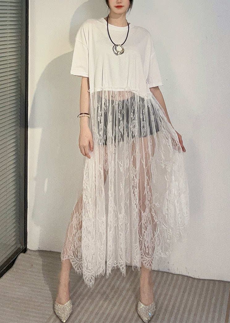 Art White Hollow Out Patchwork Lace Ankle Dress Summer – SooLinen