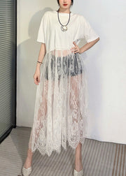 Art White Hollow Out Patchwork Lace Ankle Dress Summer
