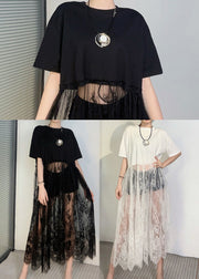 Art White Hollow Out Patchwork Lace Ankle Dress Summer