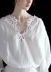 Art White Hollow Out Solid Cotton Blouse Top Fall