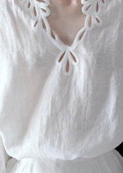 Art White Hollow Out Solid Cotton Blouse Top Fall