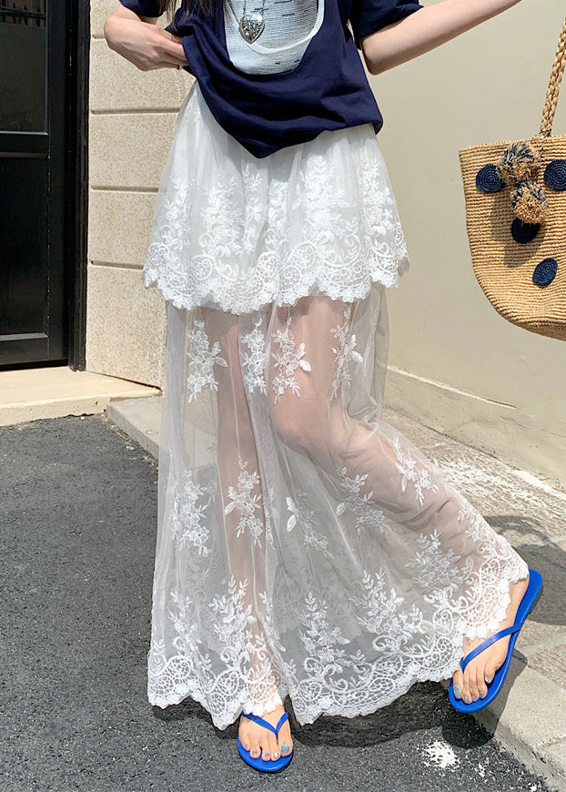 Art White Lace Patchwork Elastic Waist Tulle Skirt Summer