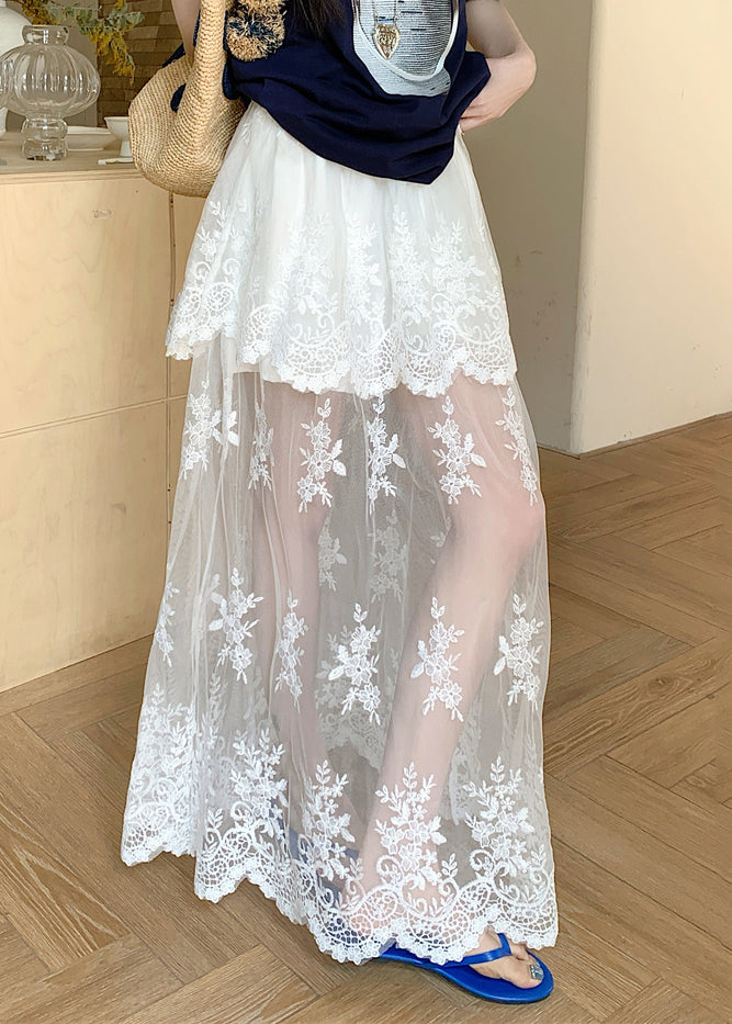 Art White Lace Patchwork Elastic Waist Tulle Skirt Summer