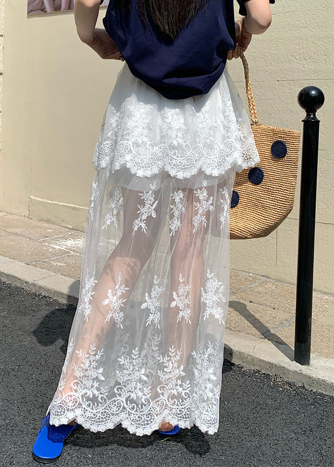 Art White Lace Patchwork Elastic Waist Tulle Skirt Summer
