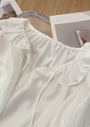 Art White Lace Up Solid Cotton Blouses Butterfly Sleeve