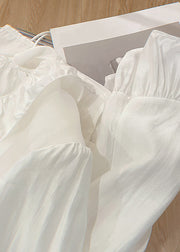 Art White Lace Up Solid Cotton Blouses Butterfly Sleeve