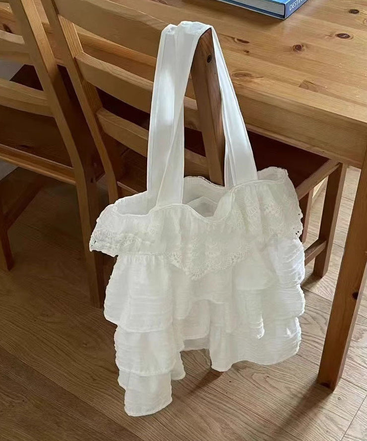 Art White Layered Ruffles Cotton Satchel Handbag