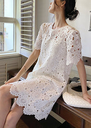 Art White O-Neck Hollow Out Cotton Dresses Summer