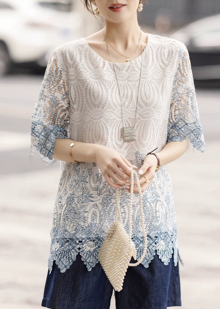 Art White O-Neck Hollow Out Cotton Shirts Half Sleeve