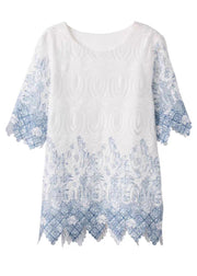 Art White O-Neck Hollow Out Cotton Shirts Half Sleeve