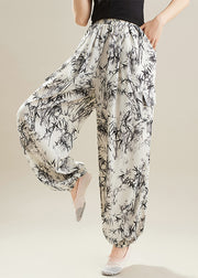 Art White Oversized Bamboo Print Chiffon Pants Summer