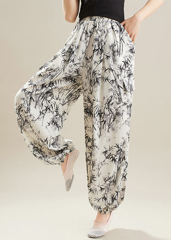 Art White Oversized Bamboo Print Chiffon Pants Summer