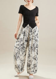 Art White Oversized Bamboo Print Chiffon Pants Summer