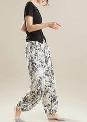 Art White Oversized Bamboo Print Chiffon Pants Summer
