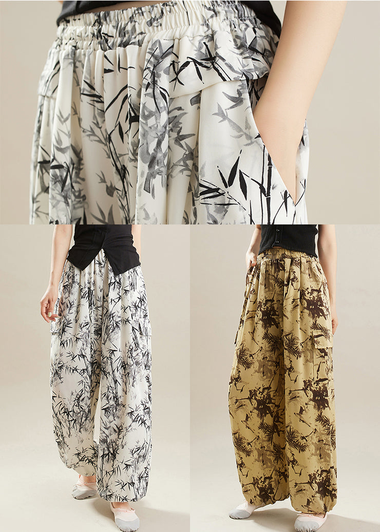 Art White Oversized Bamboo Print Chiffon Pants Summer
