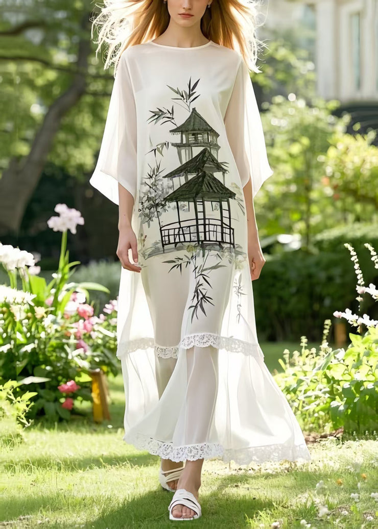 Art White Patchwork Draping Chiffon Maxi Dresses Summer