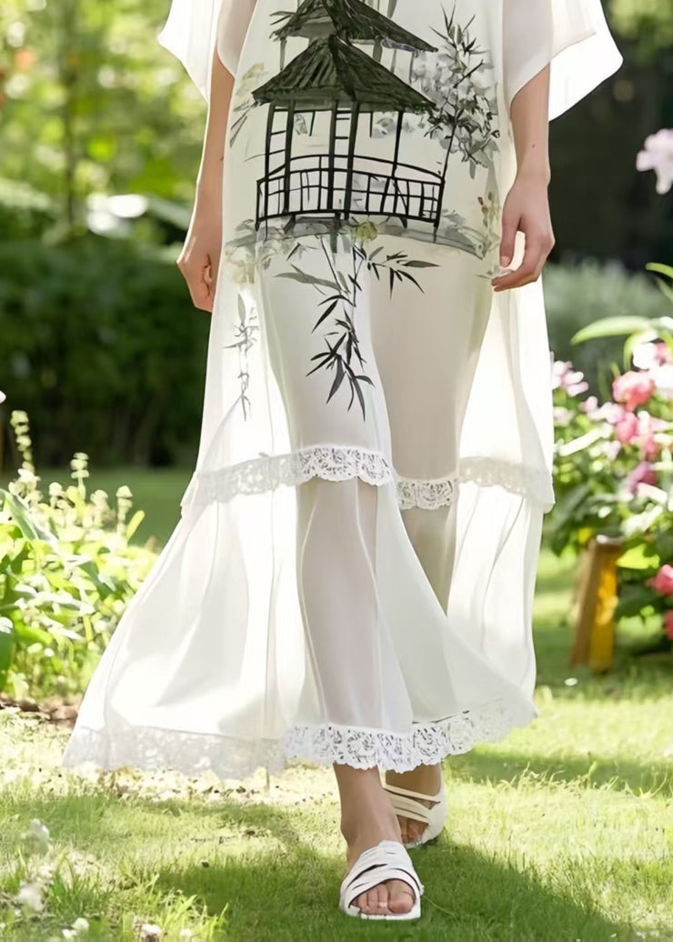 Art White Patchwork Draping Chiffon Maxi Dresses Summer