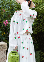 Art White Print Lace Up Shirts And Skirts Cotton Two Piece Set Fall
