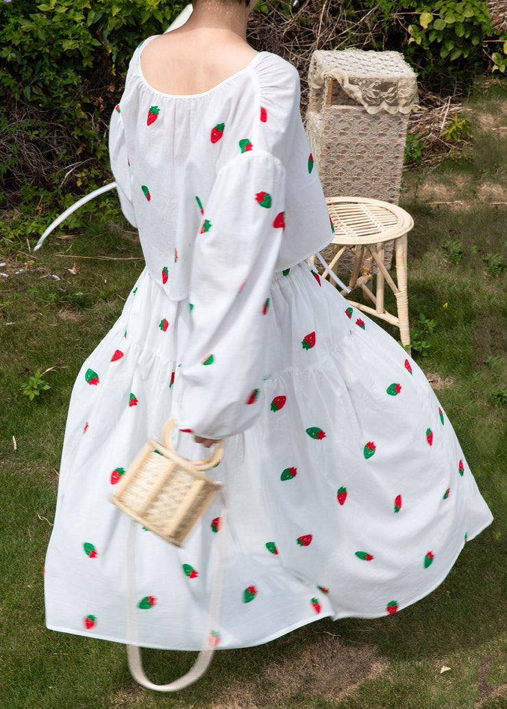 Art White Print Lace Up Shirts And Skirts Cotton Two Piece Set Fall