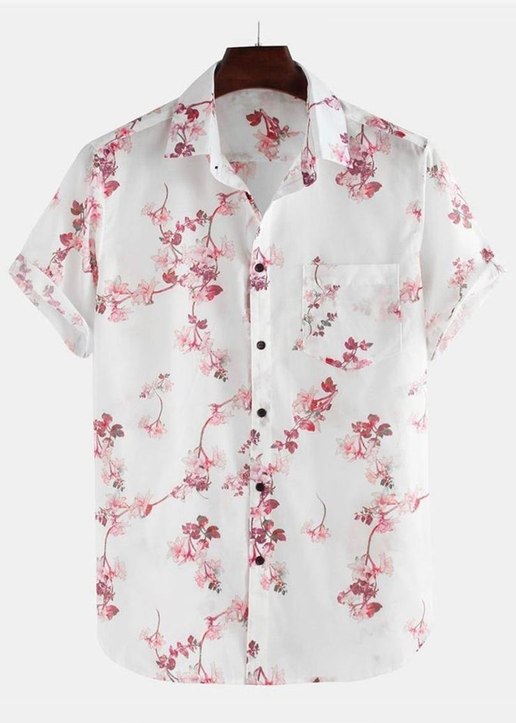 Art White Print Pockets Cotton Men Shirts Summer