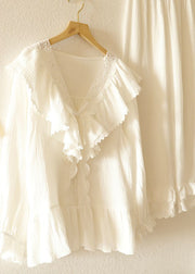 Art White Ruffled Patchwork Lace Cotton Women Pajamas Sets Spring