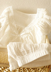 Art White Ruffled Patchwork Lace Cotton Women Pajamas Sets Spring