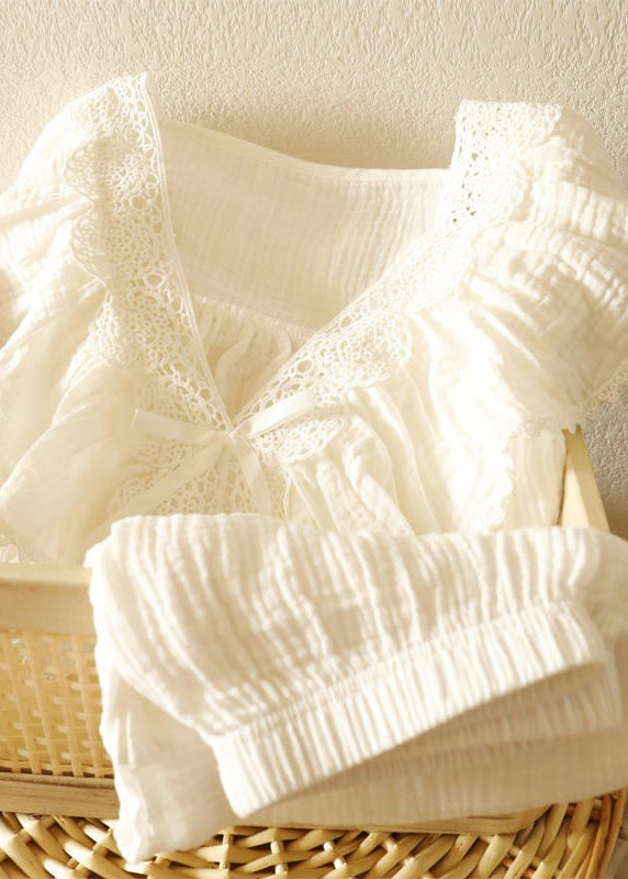 Art White Ruffled Patchwork Lace Cotton Women Pajamas Sets Spring